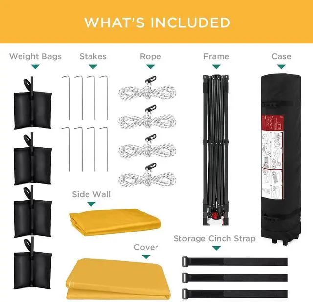 Alt view image 7 of 7 - 10x10ft Pop Up Canopy Tent with Sidewall, 1 Person 1 Minute Set Up, Carry Case, 4 Weight Bags - Marigold