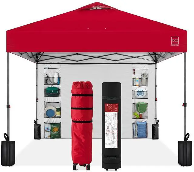 Main image of 10x10ft Pop Up Canopy Tent with Sidewall, 1 Person 1 Minute Set Up, Carry Case, 4 Weight Bags - Red