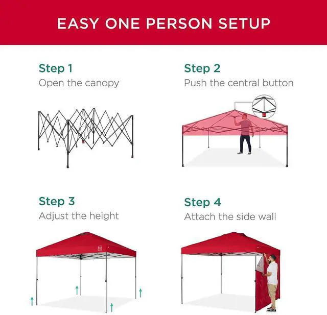 Alt view image 3 of 7 - 10x10ft Pop Up Canopy Tent with Sidewall, 1 Person 1 Minute Set Up, Carry Case, 4 Weight Bags - Red