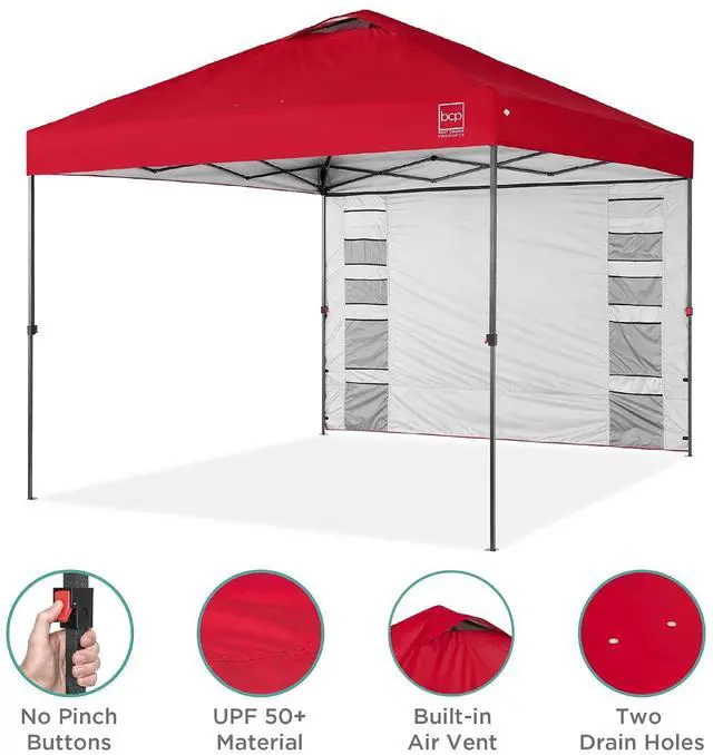 Alt view image 4 of 7 - 10x10ft Pop Up Canopy Tent with Sidewall, 1 Person 1 Minute Set Up, Carry Case, 4 Weight Bags - Red
