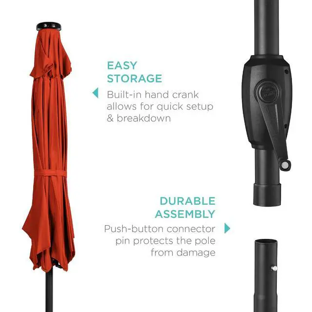 Alt view image 6 of 7 - 7.5ft Solar Umbrella LED Lighted Patio Umbrella, Table Market Umbrella with Tilt and Crank, Outdoor Umbrella for Garden, Deck, Backyard, Pool and Beach - Rust