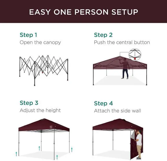 Alt view image 3 of 7 - 10x10ft Pop Up Canopy Tent with Sidewall, 1 Person 1 Minute Set Up, Carry Case, 4 Weight Bags - Burgundy