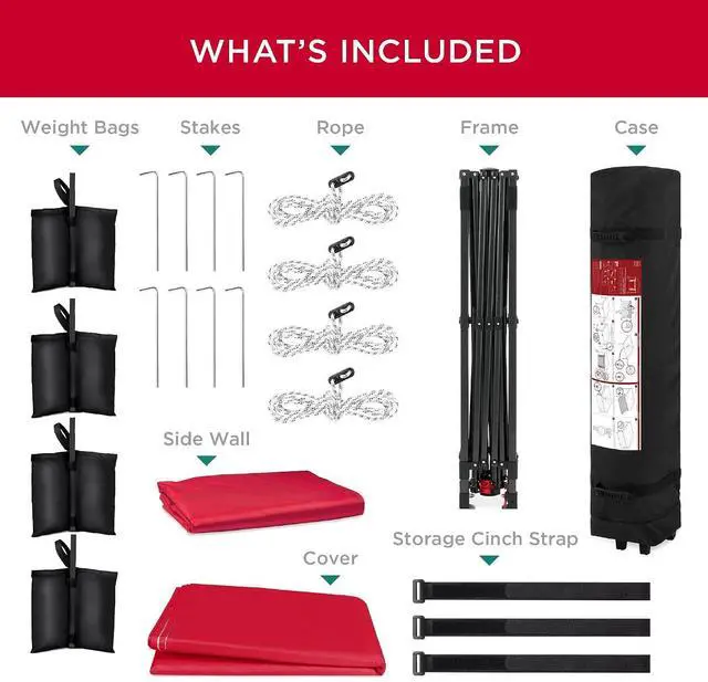 Alt view image 7 of 7 - 10x10ft Pop Up Canopy Tent with Sidewall, 1 Person 1 Minute Set Up, Carry Case, 4 Weight Bags - Red