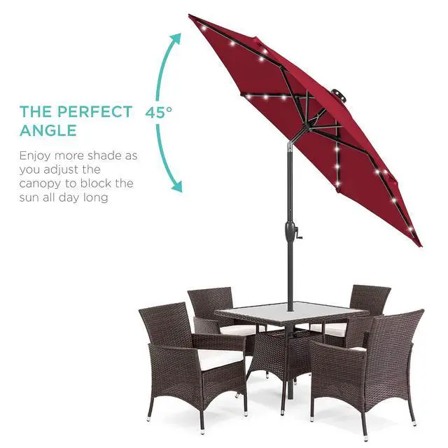 Alt view image 2 of 7 - 7.5ft Solar Umbrella LED Lighted Patio Umbrella, Table Market Umbrella with Tilt and Crank, Outdoor Umbrella for Garden, Deck, Backyard, Pool and Beach - Burgundy