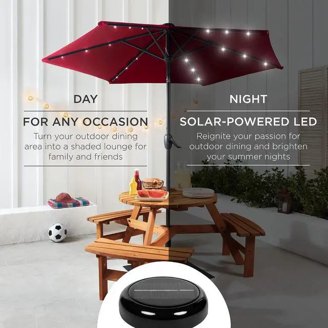 Alt view image 3 of 7 - 7.5ft Solar Umbrella LED Lighted Patio Umbrella, Table Market Umbrella with Tilt and Crank, Outdoor Umbrella for Garden, Deck, Backyard, Pool and Beach - Burgundy