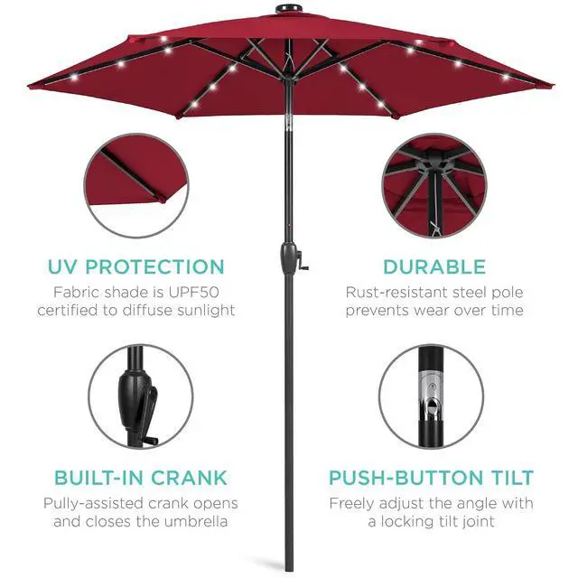 Alt view image 5 of 7 - 7.5ft Solar Umbrella LED Lighted Patio Umbrella, Table Market Umbrella with Tilt and Crank, Outdoor Umbrella for Garden, Deck, Backyard, Pool and Beach - Burgundy