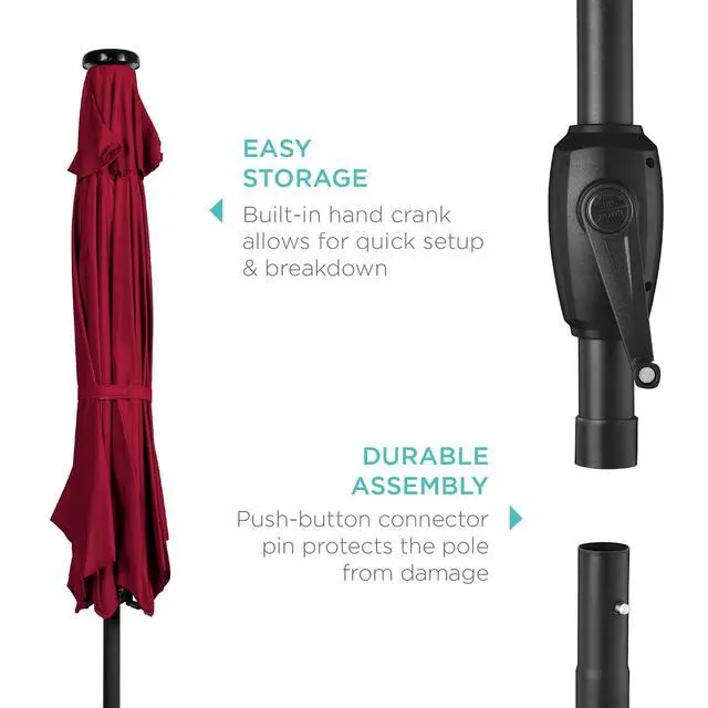 Alt view image 6 of 7 - 7.5ft Solar Umbrella LED Lighted Patio Umbrella, Table Market Umbrella with Tilt and Crank, Outdoor Umbrella for Garden, Deck, Backyard, Pool and Beach - Burgundy
