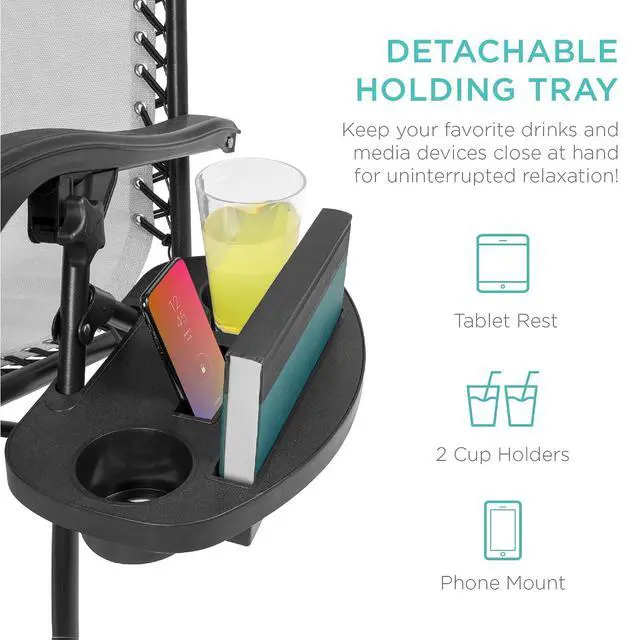 Alt view image 6 of 7 - Set of 2 Adjustable Steel Mesh Zero Gravity Lounge Chair Recliners w/Pillows and Cup Holder Trays - Ice Gray