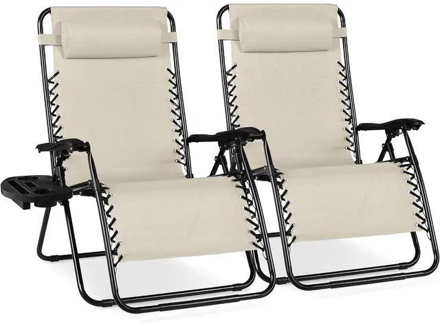 Main image of Set of 2 Extra Wide Adjustable Steel Mesh Zero Gravity Lounge Chair Recliners w/Pillows and Cup Holder Trays - Ivory
