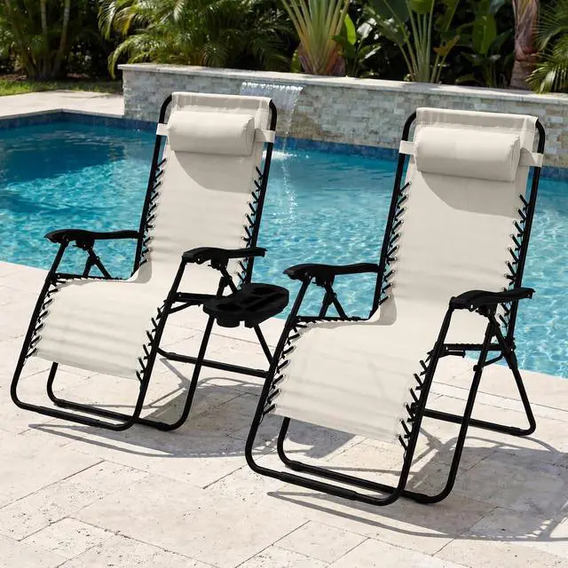 Alt view image 2 of 7 - Set of 2 Extra Wide Adjustable Steel Mesh Zero Gravity Lounge Chair Recliners w/Pillows and Cup Holder Trays - Ivory