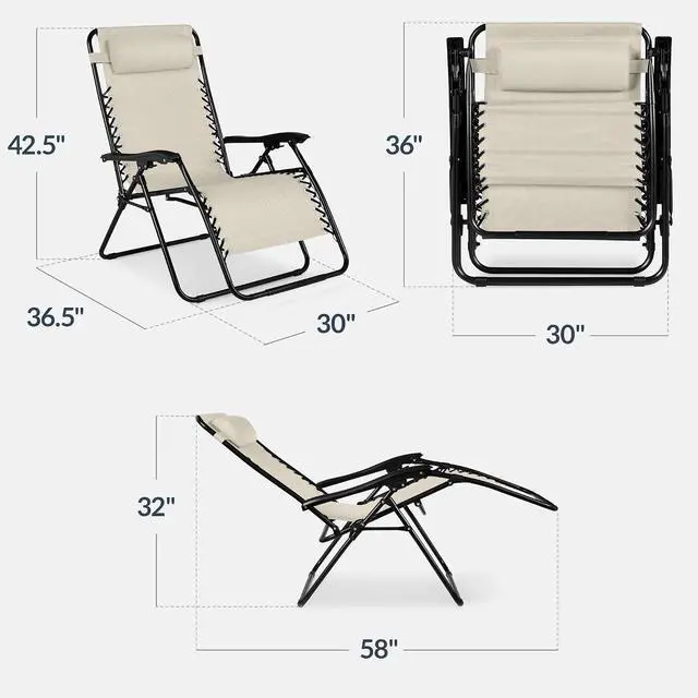 Alt view image 3 of 7 - Set of 2 Extra Wide Adjustable Steel Mesh Zero Gravity Lounge Chair Recliners w/Pillows and Cup Holder Trays - Ivory