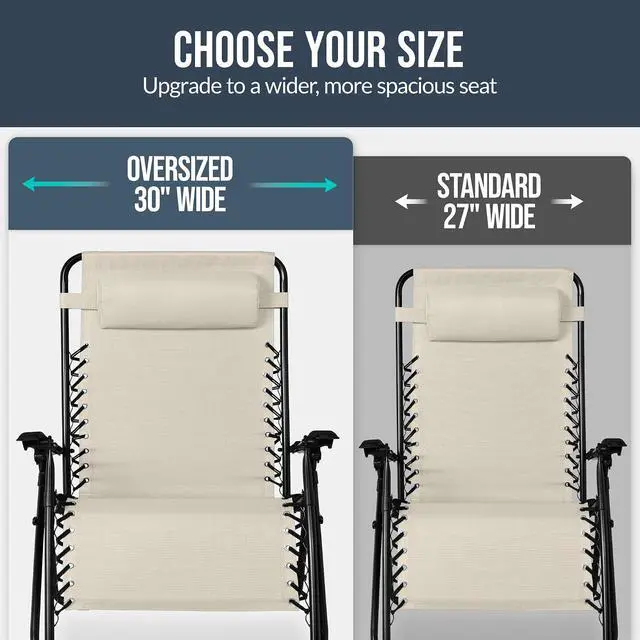 Alt view image 4 of 7 - Set of 2 Extra Wide Adjustable Steel Mesh Zero Gravity Lounge Chair Recliners w/Pillows and Cup Holder Trays - Ivory