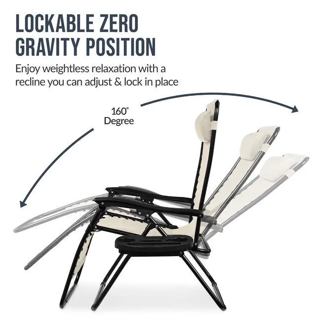 Alt view image 5 of 7 - Set of 2 Extra Wide Adjustable Steel Mesh Zero Gravity Lounge Chair Recliners w/Pillows and Cup Holder Trays - Ivory
