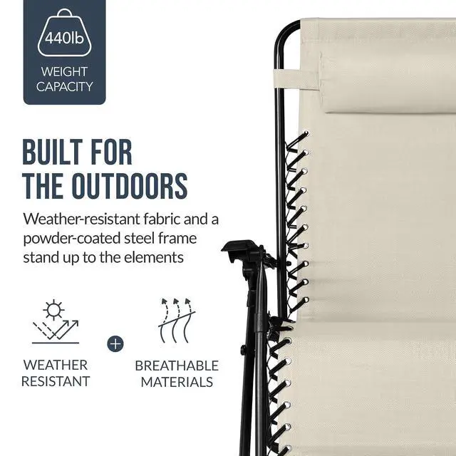 Alt view image 6 of 7 - Set of 2 Extra Wide Adjustable Steel Mesh Zero Gravity Lounge Chair Recliners w/Pillows and Cup Holder Trays - Ivory