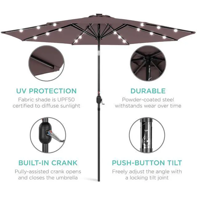Alt view image 5 of 7 - 10ft Solar Polyester LED Lighted Patio Umbrella w/Tilt Adjustment and UV-Resistant Fabric - Deep Taupe