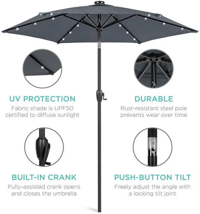 Alt view image 5 of 7 - 7.5ft Solar Umbrella LED Lighted Patio Umbrella, Table Market Umbrella with Tilt and Crank, Outdoor Umbrella for Garden, Deck, Backyard, Pool and Beach - Slate
