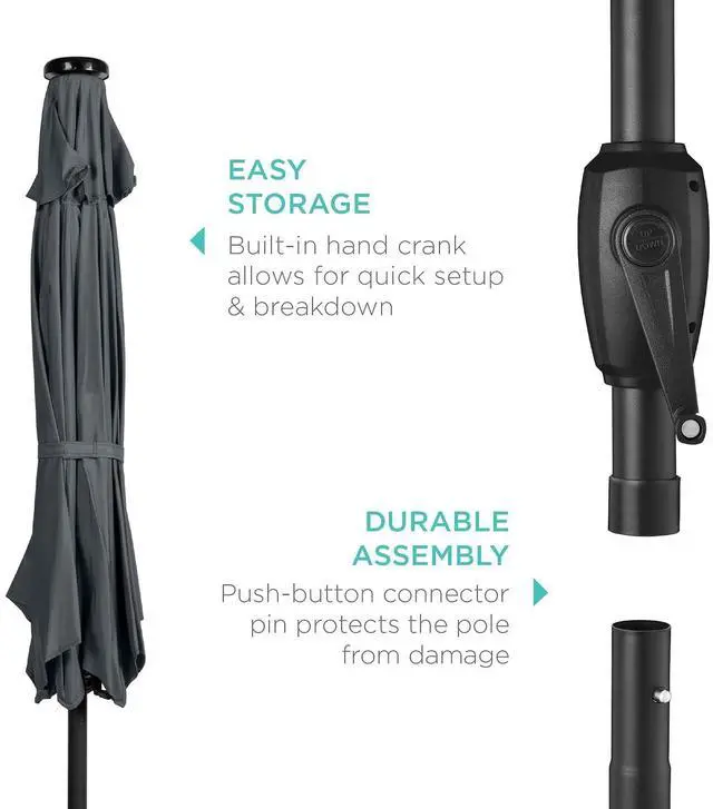Alt view image 6 of 7 - 7.5ft Solar Umbrella LED Lighted Patio Umbrella, Table Market Umbrella with Tilt and Crank, Outdoor Umbrella for Garden, Deck, Backyard, Pool and Beach - Slate