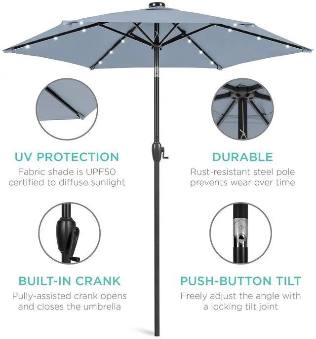 Alt view image 5 of 7 - 7.5ft Solar Umbrella LED Lighted Patio Umbrella, Table Market Umbrella with Tilt and Crank, Outdoor Umbrella for Garden, Deck, Backyard, Pool and Beach - Breeze Blue