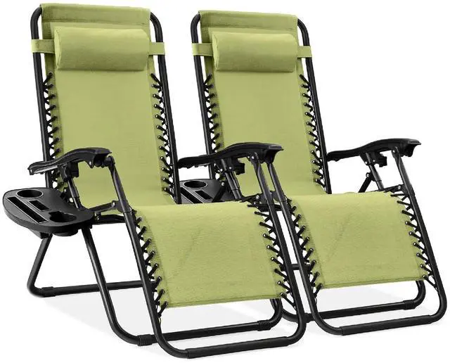 Main image of Set of 2 Adjustable Steel Mesh Zero Gravity Lounge Chair Recliners w/Pillows and Cup Holder Trays - Dusty Green/Black