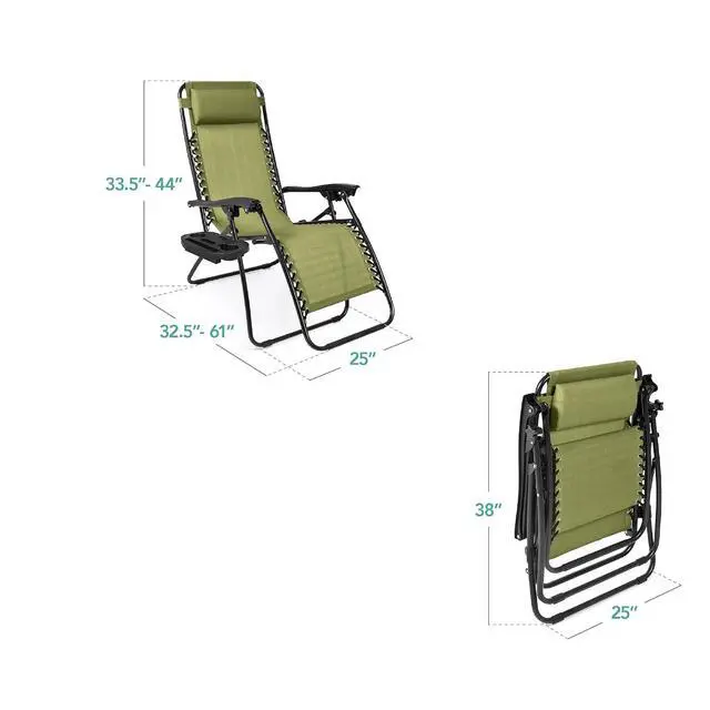 Alt view image 3 of 7 - Set of 2 Adjustable Steel Mesh Zero Gravity Lounge Chair Recliners w/Pillows and Cup Holder Trays - Dusty Green/Black