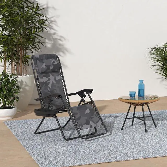 Alt view image 2 of 7 - Set of 2 Adjustable Steel Mesh Zero Gravity Lounge Chair Recliners w/Pillows and Cup Holder Trays - Camoflage