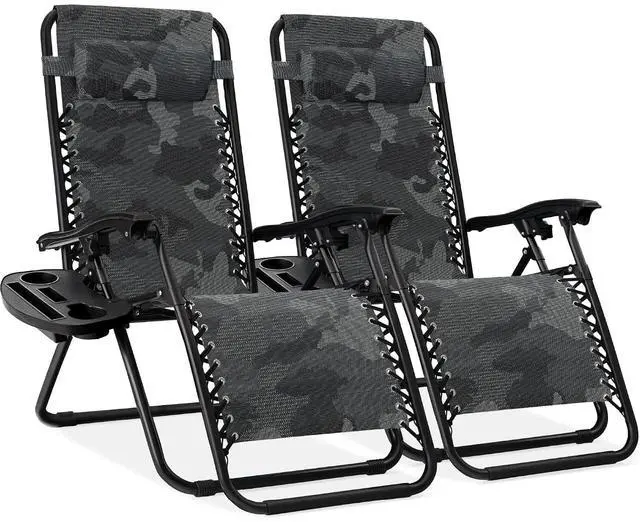 Main image of Set of 2 Adjustable Steel Mesh Zero Gravity Lounge Chair Recliners w/Pillows and Cup Holder Trays - Camoflage