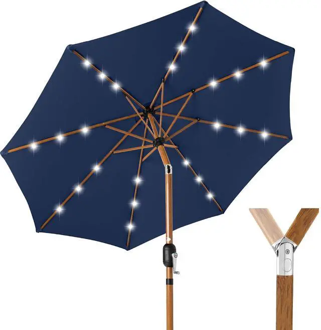 Main image of 10ft Solar Market Patio Umbrella w/Woodgrain Pattern Pole, LED Lights, Tilt & Crank - Outdoor Sun Shade for Backyard Table, Deck, Poolside - Navy Blue