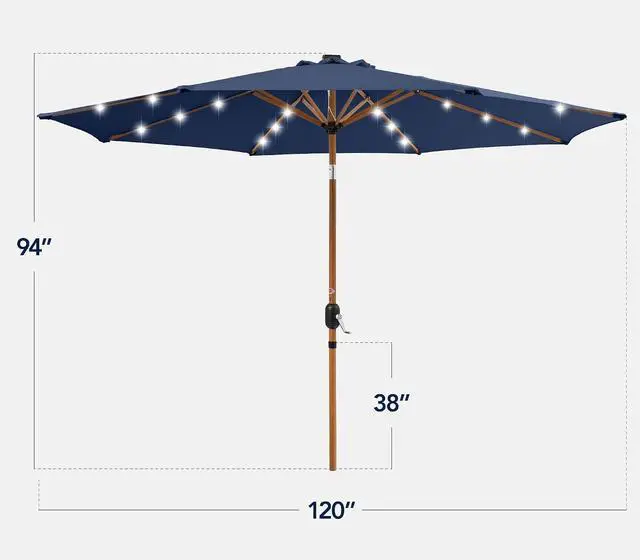 Alt view image 2 of 7 - 10ft Solar Market Patio Umbrella w/Woodgrain Pattern Pole, LED Lights, Tilt & Crank - Outdoor Sun Shade for Backyard Table, Deck, Poolside - Navy Blue