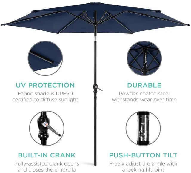 Alt view image 5 of 7 - 10ft Outdoor Patio Umbrella, Outdoor Table Umbrella, Yard Umbrella, Market Umbrella with 6 Sturdy Ribs, Push Button, Tilt and Crank - Navy Blue