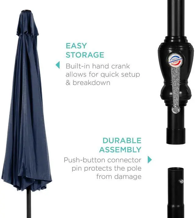 Alt view image 6 of 7 - 10ft Outdoor Patio Umbrella, Outdoor Table Umbrella, Yard Umbrella, Market Umbrella with 6 Sturdy Ribs, Push Button, Tilt and Crank - Navy Blue