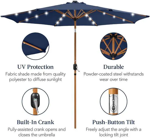 Alt view image 6 of 7 - 10ft Solar Market Patio Umbrella w/Woodgrain Pattern Pole, LED Lights, Tilt & Crank - Outdoor Sun Shade for Backyard Table, Deck, Poolside - Navy Blue