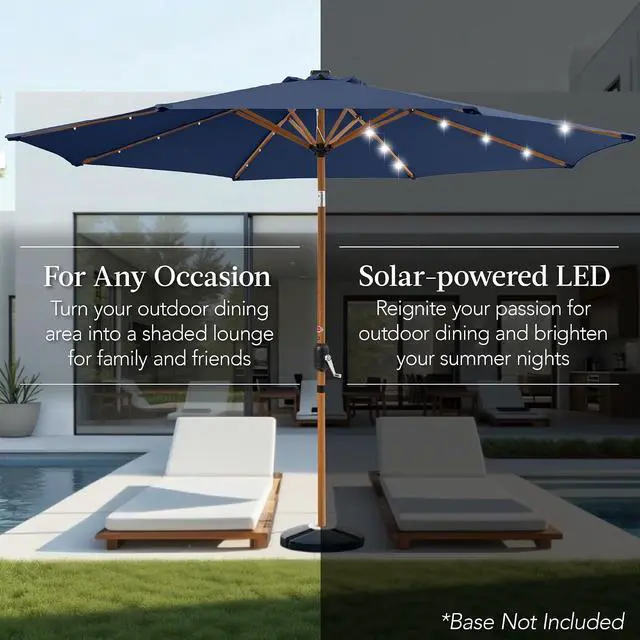 Alt view image 4 of 7 - 10ft Solar Market Patio Umbrella w/Woodgrain Pattern Pole, LED Lights, Tilt & Crank - Outdoor Sun Shade for Backyard Table, Deck, Poolside - Navy Blue