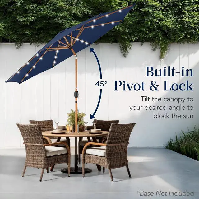 Alt view image 5 of 7 - 10ft Solar Market Patio Umbrella w/Woodgrain Pattern Pole, LED Lights, Tilt & Crank - Outdoor Sun Shade for Backyard Table, Deck, Poolside - Navy Blue