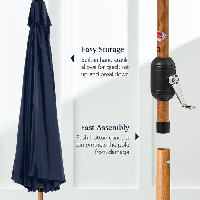 Alt view image 7 of 7 - 10ft Solar Market Patio Umbrella w/Woodgrain Pattern Pole, LED Lights, Tilt & Crank - Outdoor Sun Shade for Backyard Table, Deck, Poolside - Navy Blue