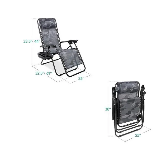 Alt view image 3 of 7 - Set of 2 Adjustable Steel Mesh Zero Gravity Lounge Chair Recliners w/Pillows and Cup Holder Trays - Camoflage