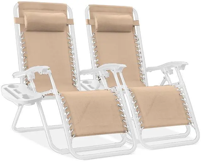 Main image of Set of 2 Adjustable Steel Mesh Zero Gravity Lounge Chair Recliners w/Pillows and Cup Holder Trays - Sand/White