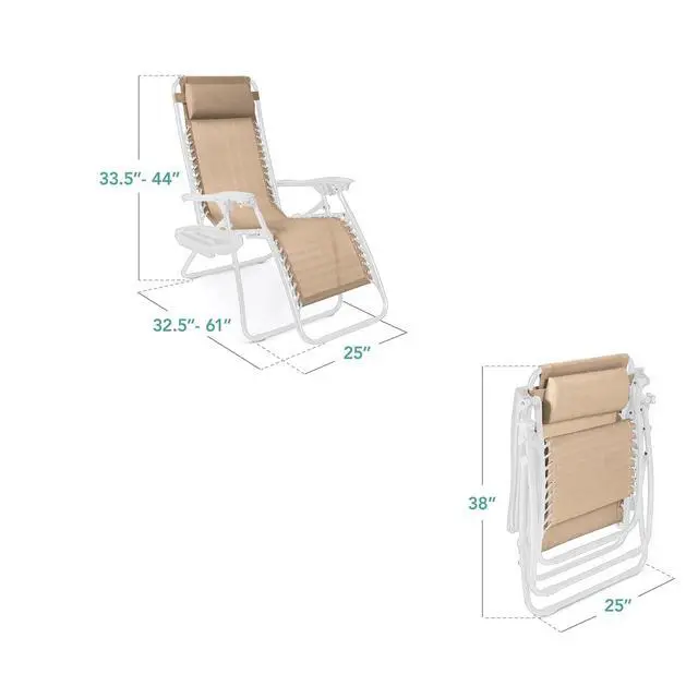 Alt view image 3 of 7 - Set of 2 Adjustable Steel Mesh Zero Gravity Lounge Chair Recliners w/Pillows and Cup Holder Trays - Sand/White