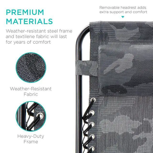 Alt view image 7 of 7 - Set of 2 Adjustable Steel Mesh Zero Gravity Lounge Chair Recliners w/Pillows and Cup Holder Trays - Camoflage