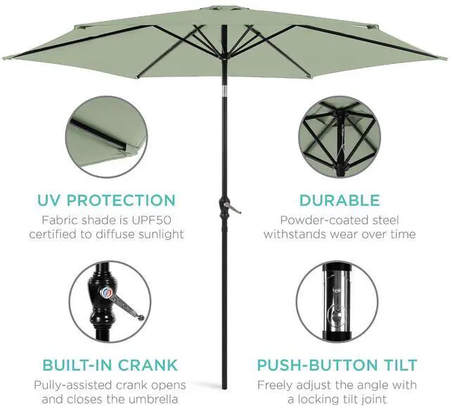 Alt view image 5 of 7 - 10ft Outdoor Patio Umbrella, Outdoor Table Umbrella, Yard Umbrella, Market Umbrella with 6 Sturdy Ribs, Push Button, Tilt and Crank - Sage Green