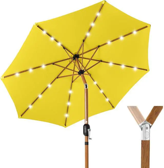 Main image of 10ft Solar Market Patio Umbrella w/Woodgrain Pattern Pole, LED Lights, Tilt & Crank - Outdoor Sun Shade for Backyard Table, Deck, Poolside - Yellow