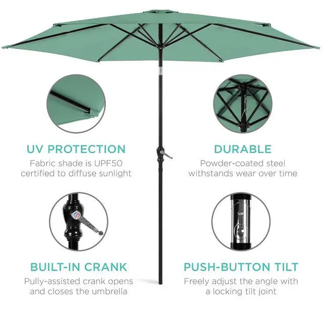 Alt view image 5 of 7 - 10ft Outdoor Patio Umbrella, Outdoor Table Umbrella, Yard Umbrella, Market Umbrella with 6 Sturdy Ribs, Push Button, Tilt and Crank - Seaglass