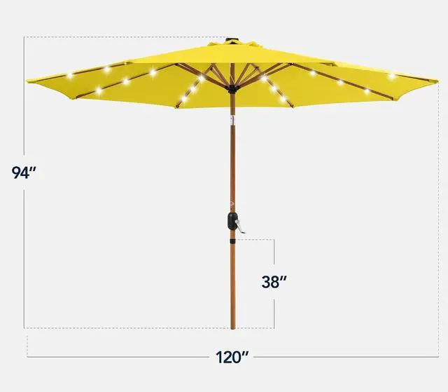 Alt view image 2 of 6 - 10ft Solar Market Patio Umbrella w/Woodgrain Pattern Pole, LED Lights, Tilt & Crank - Outdoor Sun Shade for Backyard Table, Deck, Poolside - Yellow