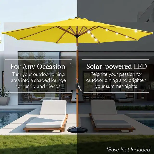 Alt view image 4 of 6 - 10ft Solar Market Patio Umbrella w/Woodgrain Pattern Pole, LED Lights, Tilt & Crank - Outdoor Sun Shade for Backyard Table, Deck, Poolside - Yellow