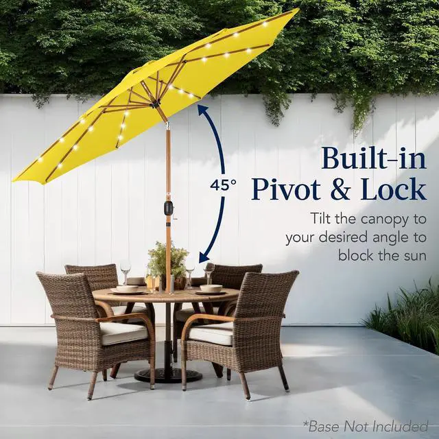 Alt view image 5 of 6 - 10ft Solar Market Patio Umbrella w/Woodgrain Pattern Pole, LED Lights, Tilt & Crank - Outdoor Sun Shade for Backyard Table, Deck, Poolside - Yellow