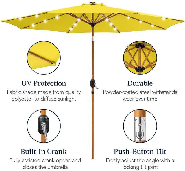Alt view image 6 of 6 - 10ft Solar Market Patio Umbrella w/Woodgrain Pattern Pole, LED Lights, Tilt & Crank - Outdoor Sun Shade for Backyard Table, Deck, Poolside - Yellow