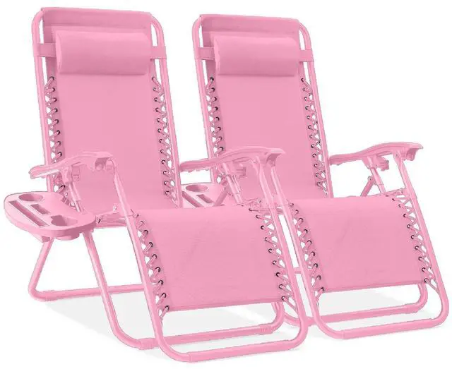 Main image of Set of 2 Adjustable Steel Mesh Zero Gravity Lounge Chair Recliners w/Pillows and Cup Holder Trays - Carnation