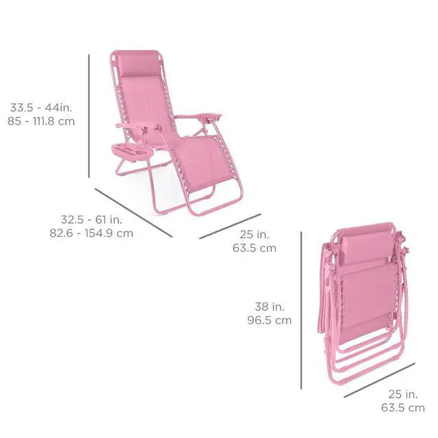 Alt view image 3 of 7 - Set of 2 Adjustable Steel Mesh Zero Gravity Lounge Chair Recliners w/Pillows and Cup Holder Trays - Carnation