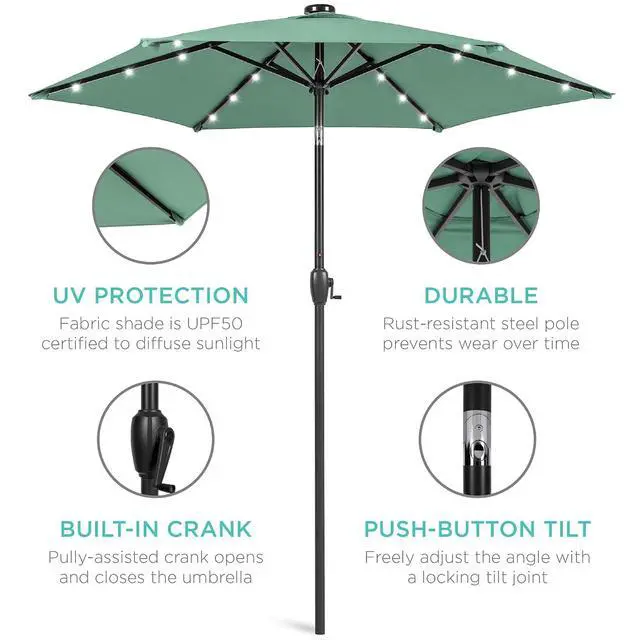 Alt view image 5 of 7 - 7.5ft Solar Umbrella LED Lighted Patio Umbrella, Table Market Umbrella with Tilt and Crank, Outdoor Umbrella for Garden, Deck, Backyard, Pool and Beach - Seaglass