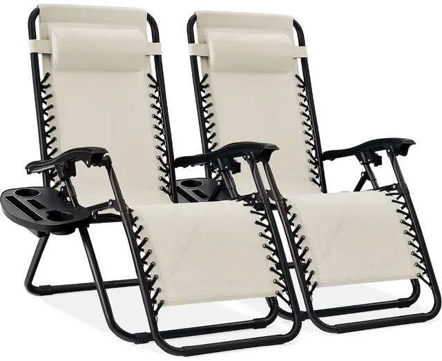 Main image of Set of 2 Adjustable Steel Mesh Zero Gravity Lounge Chair Recliners w/Pillows and Cup Holder Trays - Ivory