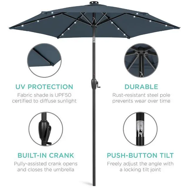 Alt view image 5 of 7 - 7.5ft Solar Umbrella LED Lighted Patio Umbrella, Table Market Umbrella with Tilt and Crank, Outdoor Umbrella for Garden, Deck, Backyard, Pool and Beach - Slate Blue